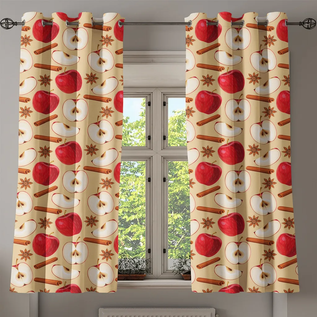 ABAKUHAUS Tenda con occhielli a forma di mela, mele tagliate in quarti e a metà con bastoncini di cannella e anice stellato - Ricetta dietetica, tende decorative a 2 pannelli per finestre, 280 cm x 175 cm, beige cannella rosso - 2