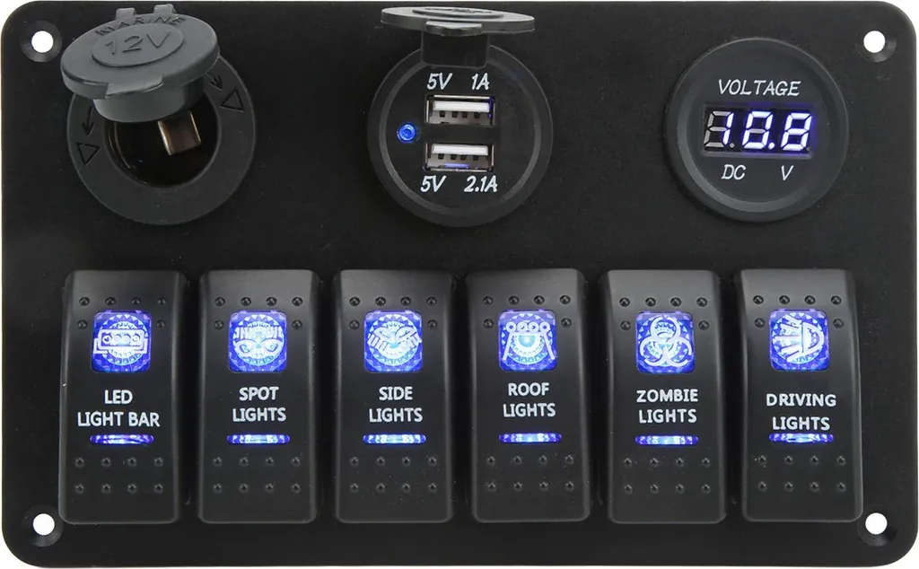 Tableau de Commande 6 Interrupteurs Etanche 12/24V avec Prise USB et Volt