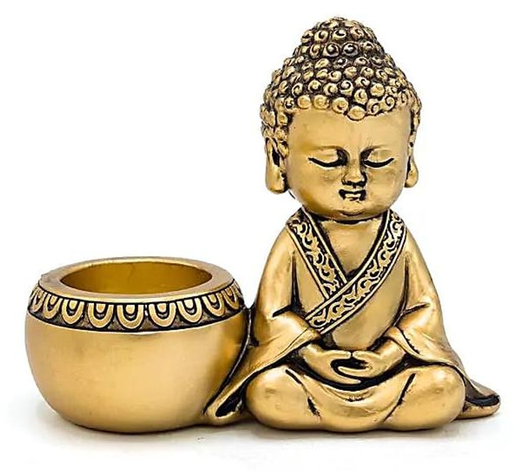 Teelichthalter Meditierender Buddha rechts goldfarben – 2er-Set – 13,1 x 6,2 x 11 cm