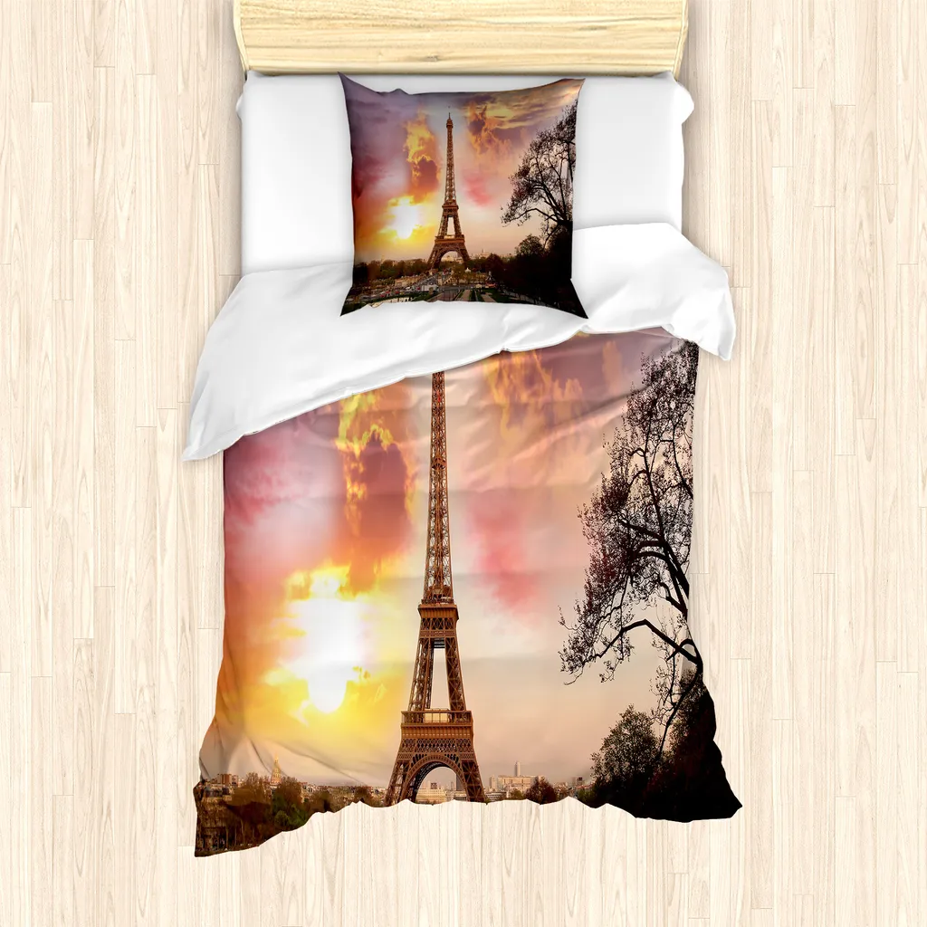 ABAKUHAUS Paris Set copripiumino per letti singoli, panorama di Parigi al tramonto, antiacaro, adatto a chi soffre di allergie, con federa, 135 cm x 200 cm - 80 x 80 cm, arancione e marrone