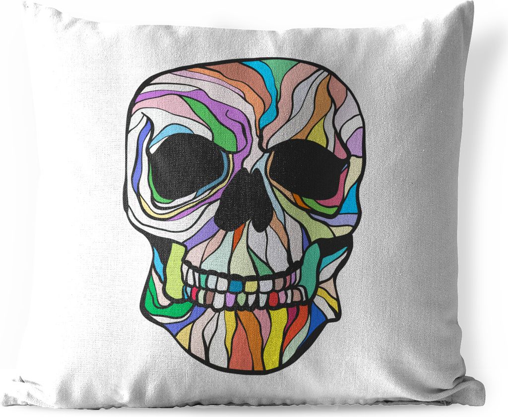 MuchoWow Outdoor Kissen - Bunte Illustration des Kopfes eines Skeletts - 45x45 cm - Wetterfest - Lounge Kissen - Fotokissen - Dekoratives Kissen
