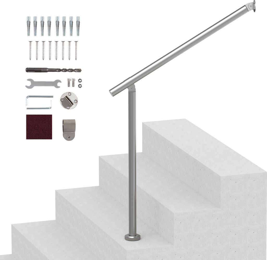 A silver handrail kit is shown assembled on a set of concrete stairs, with various mounting hardware and tools laid out to the left.