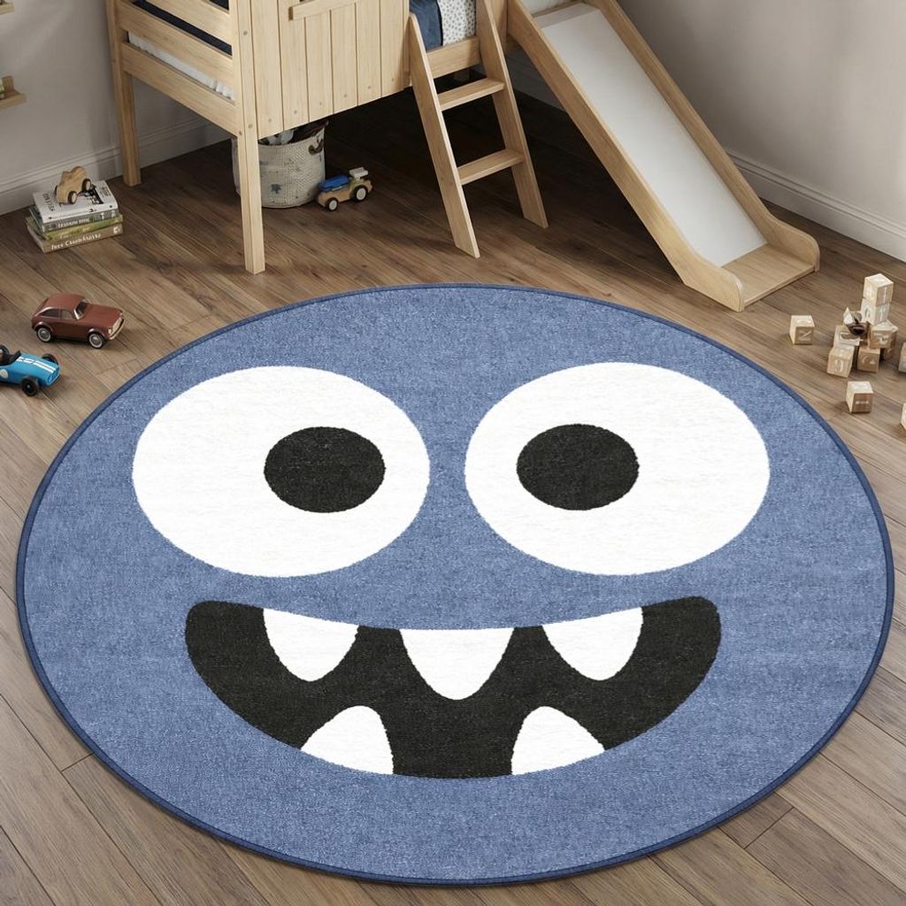 Kinderteppich in Blau mit fröhlichem Monster Größe - 160 cm Rund