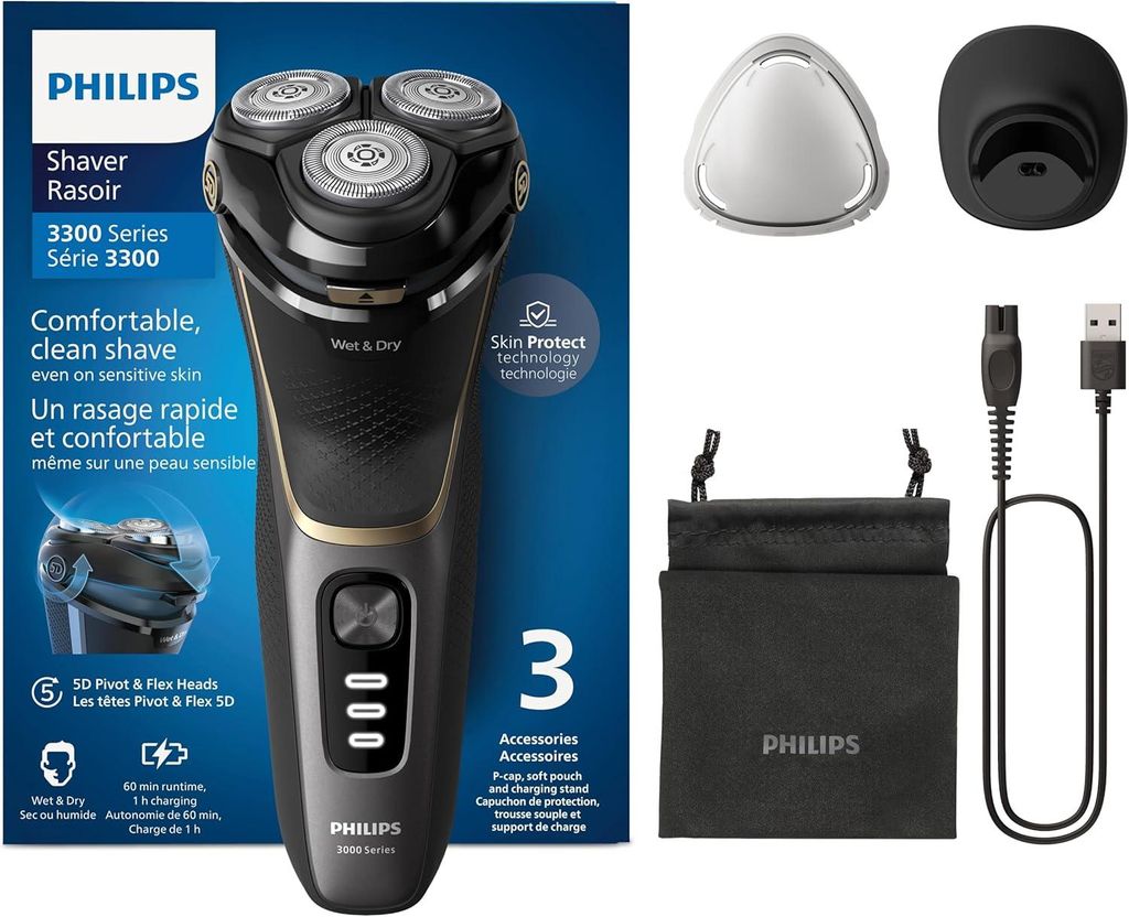 Philips Series 3000 Elektrorasierer Herren S3342/13, Wet & Dry, SkinProtect-Technologie, ausklappbarer Bartschneider, Ladestation & Reiseetui, Schwarz