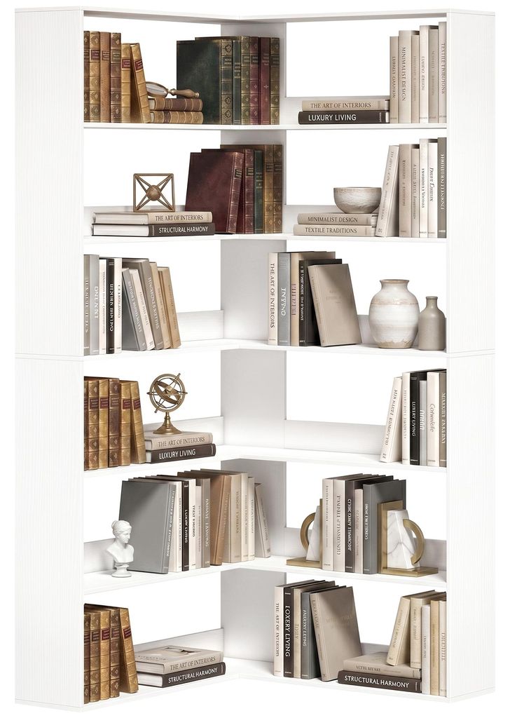 HOMCOM Bücherregal 7 Ebenen Eckregal L-förmiges Regal mit Holzoptik für Büro