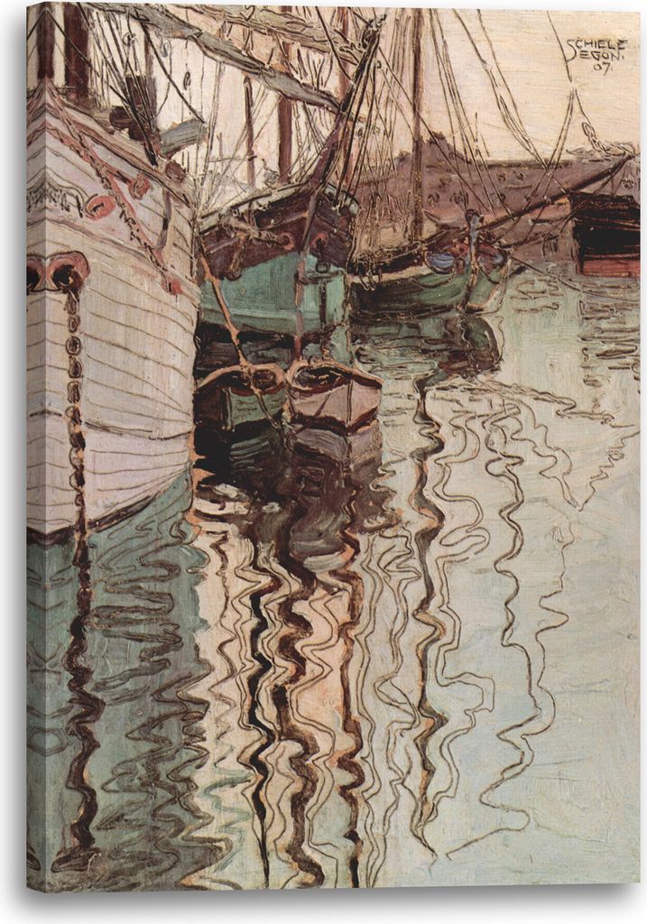 Leinwandbild (80x120cm): Egon Schiele - Segelschiffe im wellenbewegtem Wasser (Der Hafen von Triest), echter Holz-Keilrahmen inkl. Aufhänger, hand...