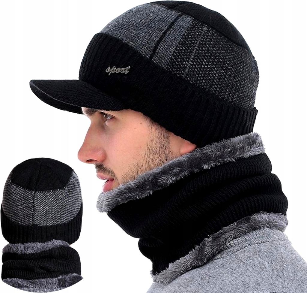 A man wearing a winter hat and scarf set.