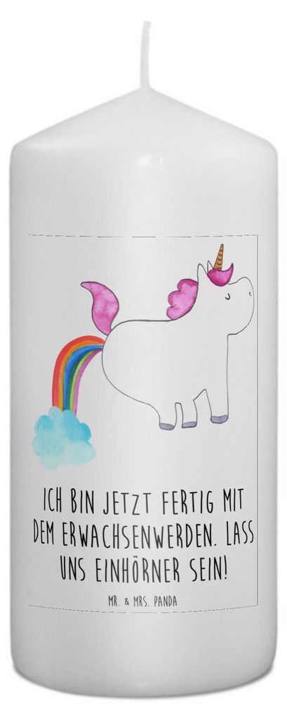 Mr. & Mrs. Panda Kerze Einhorn Pupsen 15 x 7 cm - Weiß - Geschenk, Wachskerze, Erinnerungskerze, Blockkerze, Erinnerungslicht, Regenbogen, Lustig,...