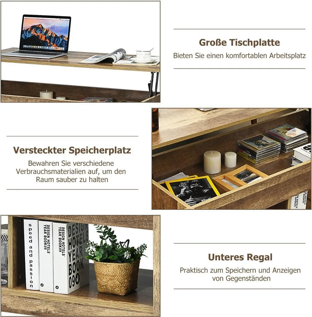 Table Basse Plateau Relevable en Chêne avec Compartiments et Étagères