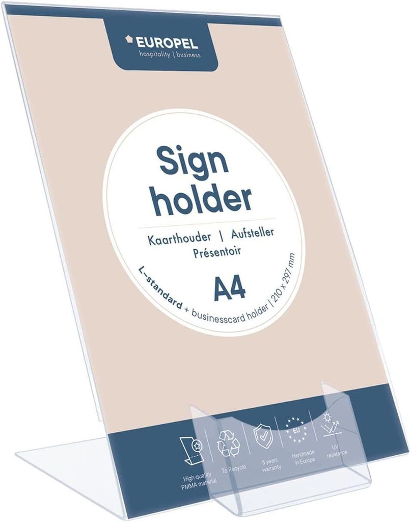 EUROPEL Tischaufsteller Acrylic DIN A4 hoch schräg inkl. Visitenkartenhalter