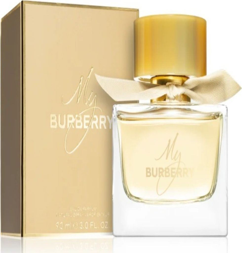A bottle of Burberry My Burberry Eau de Parfum and its packaging are displayed against a white background.