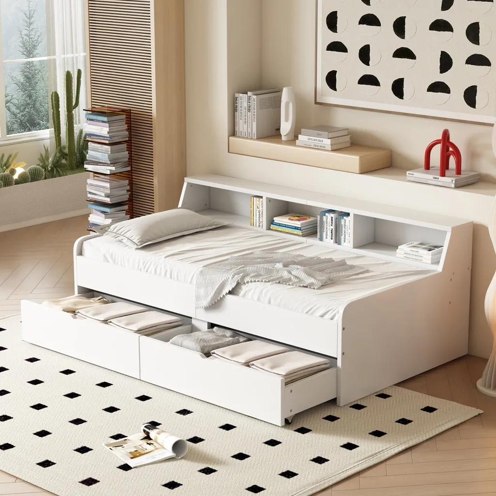 Lit simple 90x200cm blanc pour enfant avec compartiments de rangement
