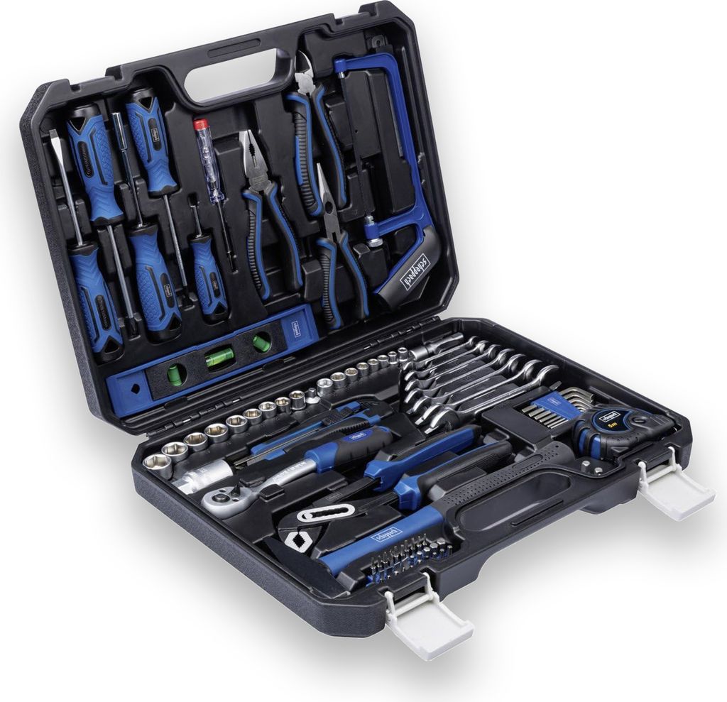 An open tool case filled with various tools.