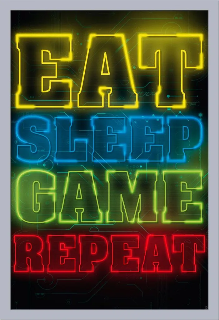 Déco Murale Gaming pour Setup Gamer Cadre Argenté Poster Eat Sleep Repeat
