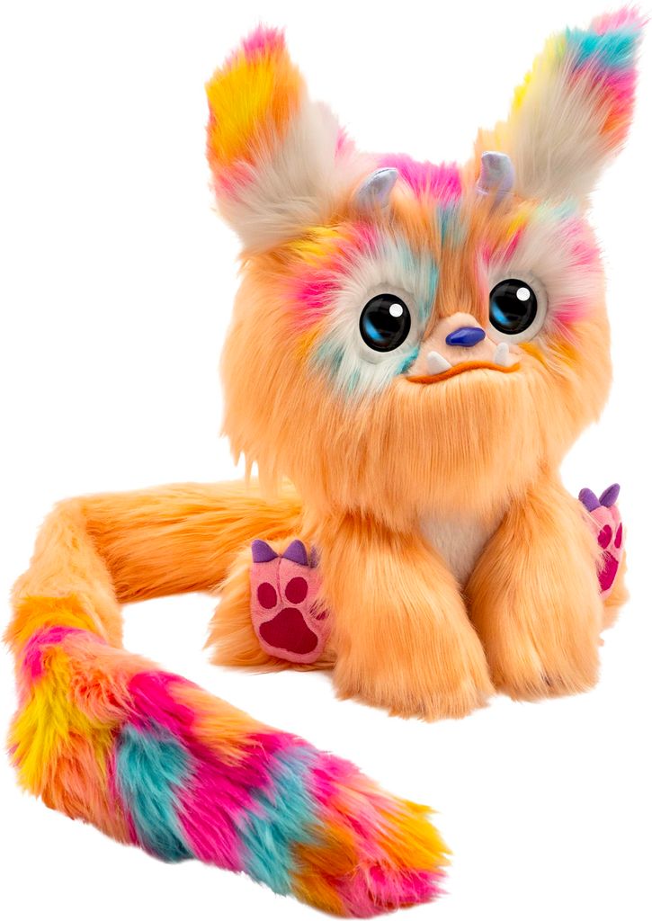 A colorful, fluffy toy creature with big eyes and a long tail sits on a white background.