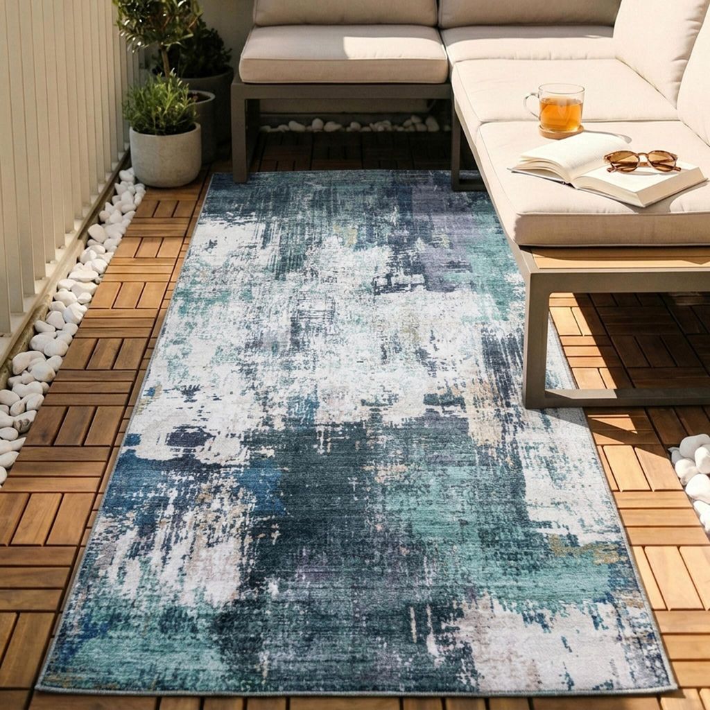 Volero - Waschbarer Läufer - Domingo Grunge Grün Creme - 80x250 cm - Wohnzimmer, Balkon, Garten / Terrasse, Flur - Industrielle, Modern