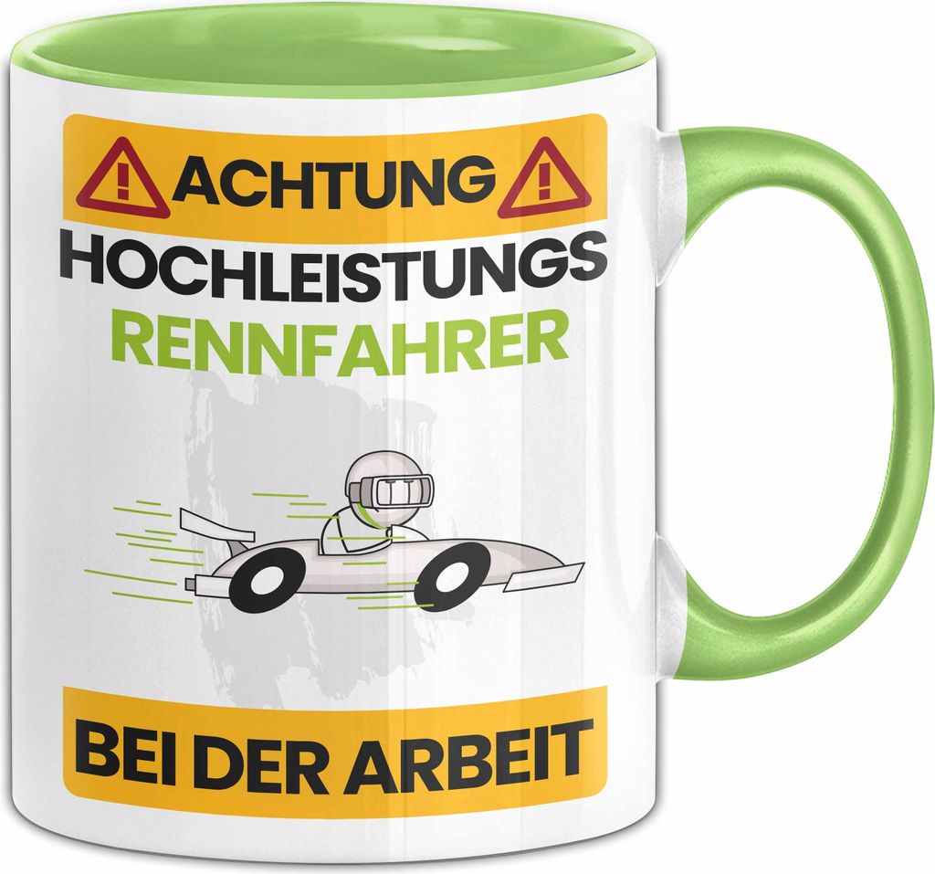 Rennfahrer Tasse Geschenk Lustiger Spruch Geschenkidee für Rennfahrer Achtung Hochleistungs Rennfahrer Bei Der Arbeit (Grün)