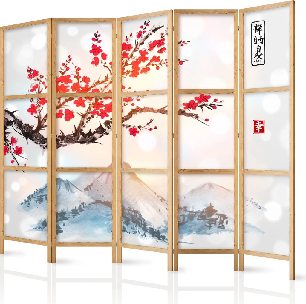 A multi-panel room divider with a Japanese-inspired design featuring cherry blossoms and mountains.