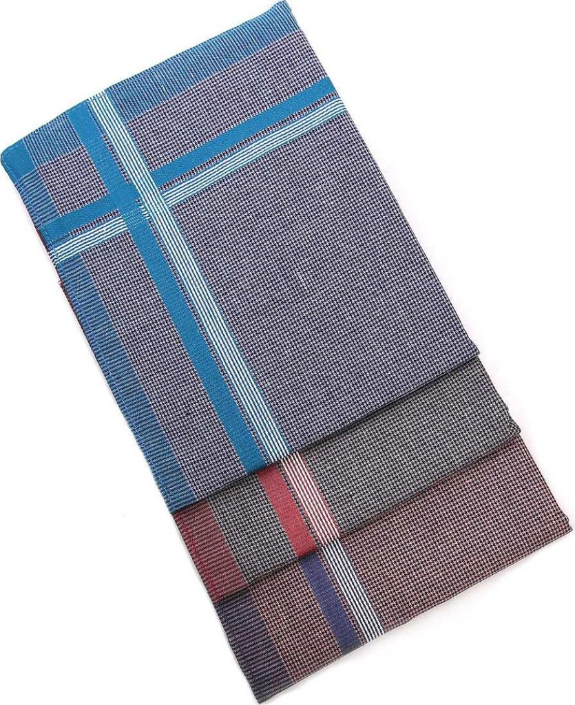 A stack of folded handkerchiefs with different colored stripes.