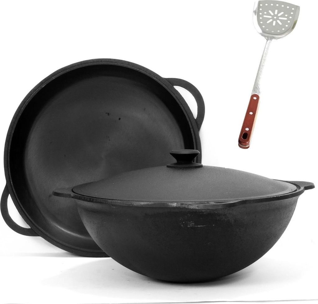 22 L Kazan Deckelbratpfanne aus Gusseisen mit Aluminium Deckel Pfannenschaufel Schwenktopf NAMANGAN Uzbek Camping Kasan Uzbekisch Cast Iron KESSEL ...