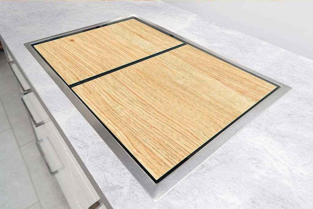 Piastre copri fornello 2 pezzi 90x52 ceramica copri piano cottura vetro tagliere legno beige - 6