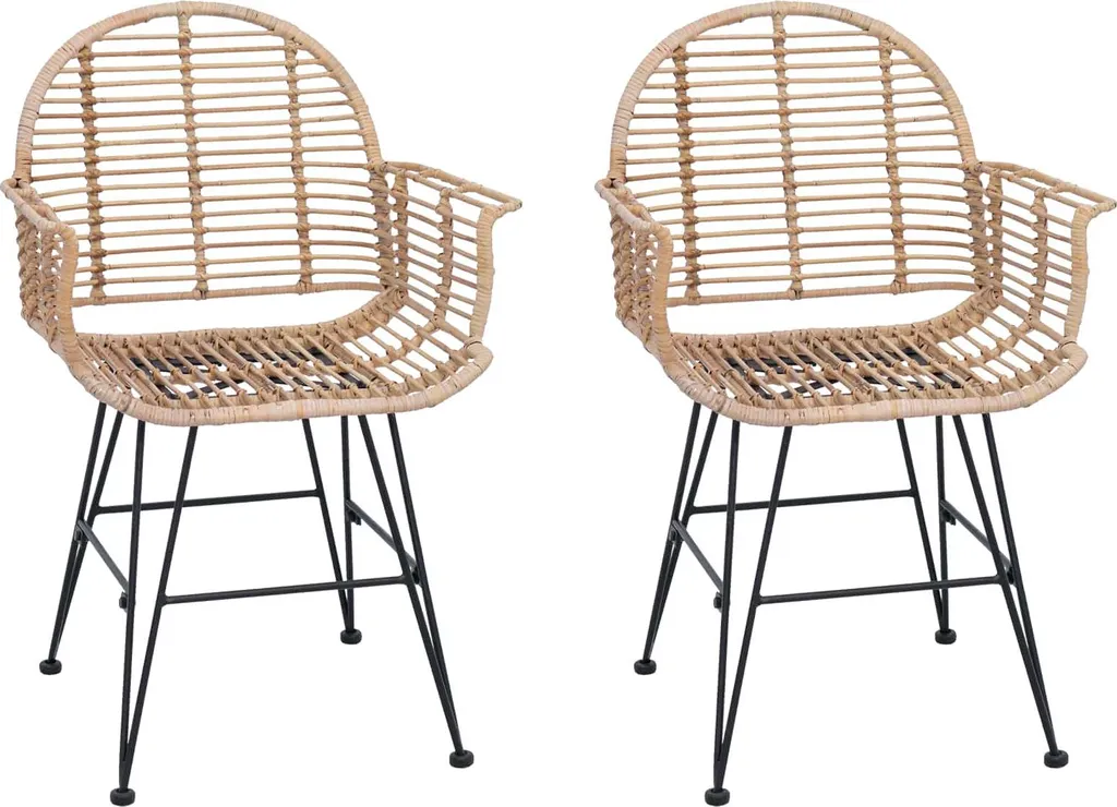 Chaise en rotin naturel et métal noir pour cuisine ou séjour - Lot de 2