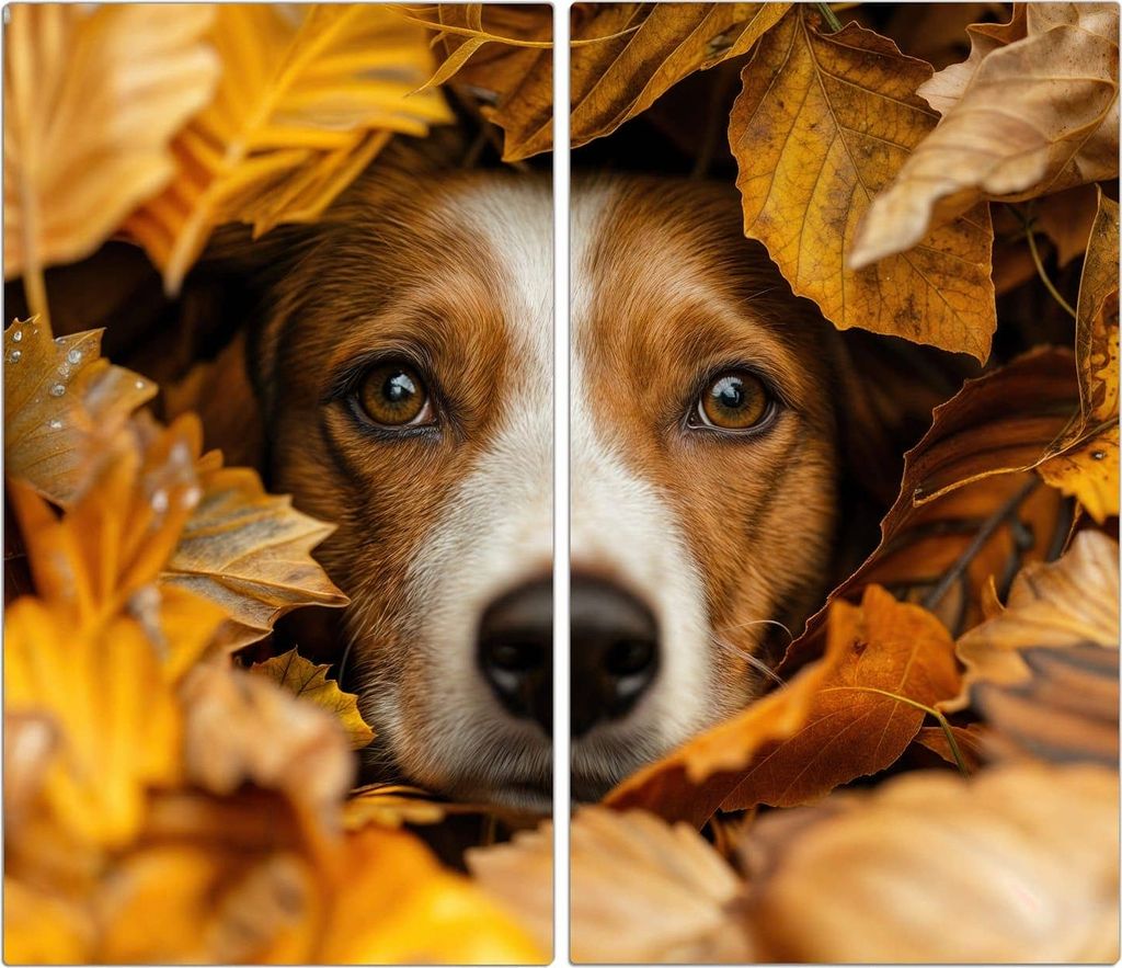 Spritzschutz Herdabdeckplatte Schneidebrett aus Glas Hund im Herbstlaub 2-Teilig (60x52cm)