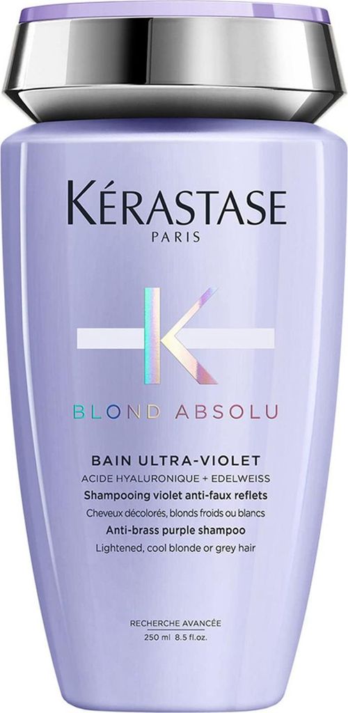 A bottle of Kerastase Blond Absolu Bain Ultra-Violet shampoo.