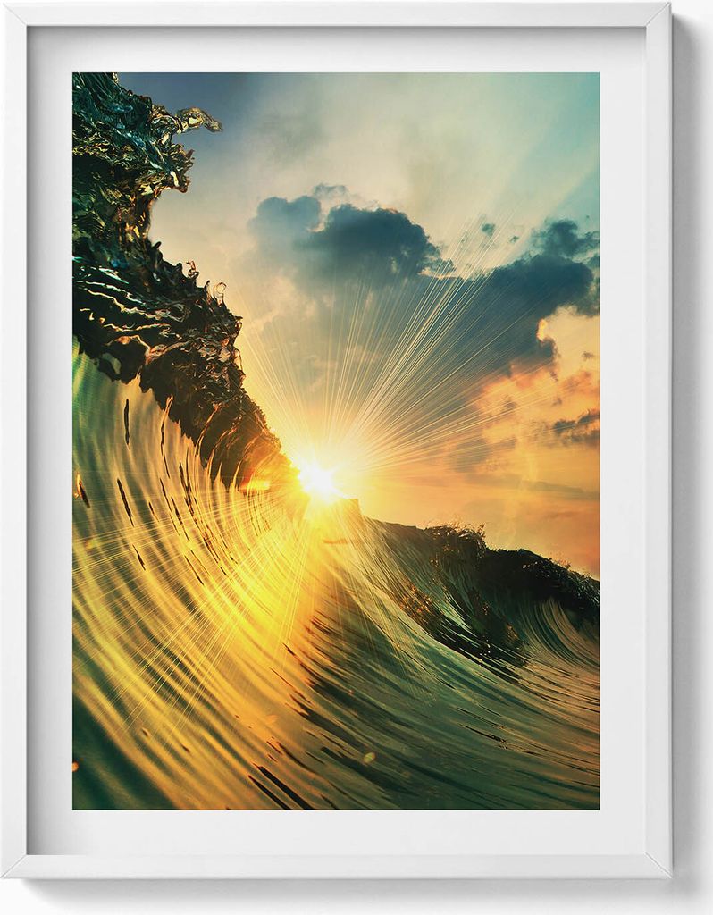 Wellen auf dem Meer und Sonnenuntergang– Wandbild mit Rahmen – Gerahmtes Bild – Wanddekoration – 60x80 cm – Weiß Rahmen