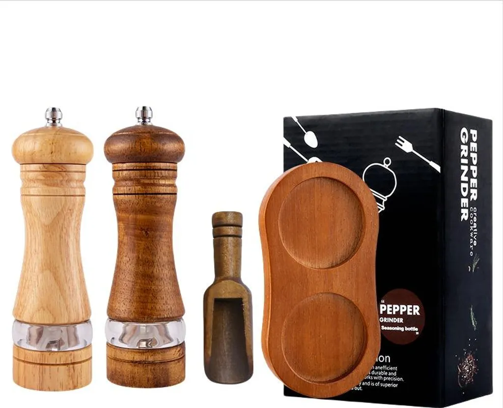 INF Set di 4 macinapepe manuali in legno con base e cucchiaio di