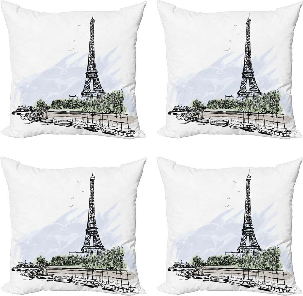 ABAKUHAUS Paris Kissenbezug Set (4 Stück), Eiffelturm Vögel Bäume, Moderner Doppelseitiger Digitaldruck, 45 cm x 45 cm, Schwarz und weiß