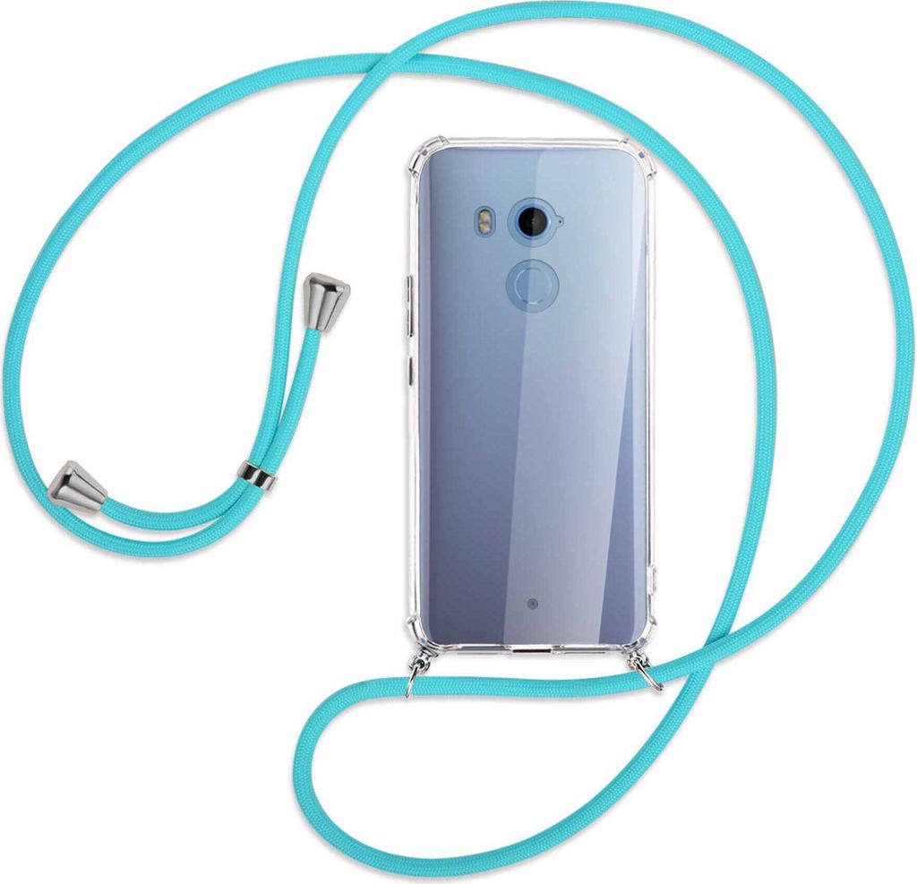 Handykette Backcover-Schutzhülle mit Band (Metall silberfarben) für HTC U11 Plus - türkis