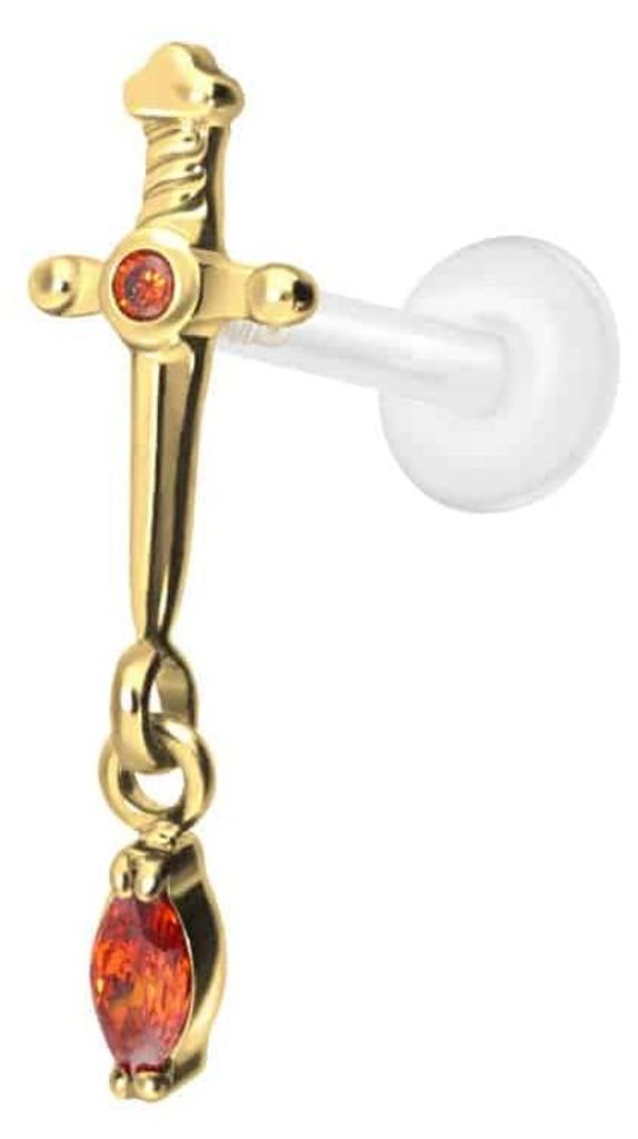 Ohrpiercing, Nasenpiercing PTFE Labret mit Innengewinde + Titan-Aufsatz DOLCH + KRISTALLTROPFEN Gold Stablänge: 10mm | Stabstärke: 1,2mm