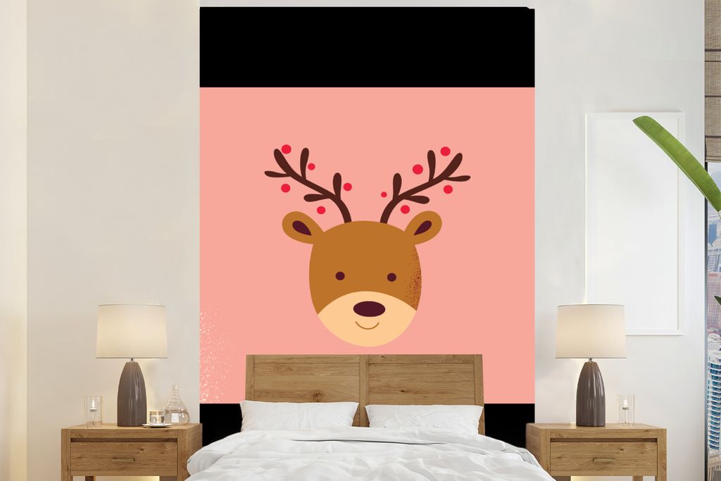 MuchoWow Fototapete für Wohnzimmer oder Schlafzimmer Wandtapete Vinyl Motivtapete Rentier - Weihnachten - Rosa - Winter - 225x350 cm - Schlafzim...