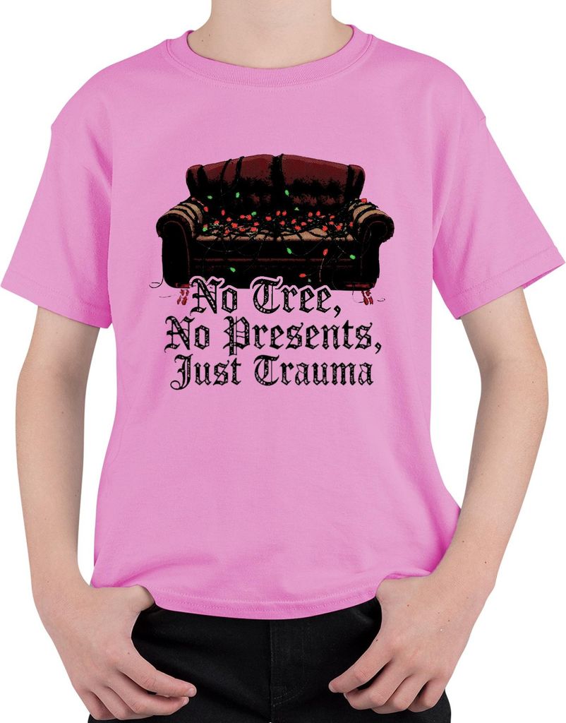 No Tree No Presents Just Trauma Weihnachten Sofa Lichterkette Uni Kinder T-Shirt, Pink, 104
