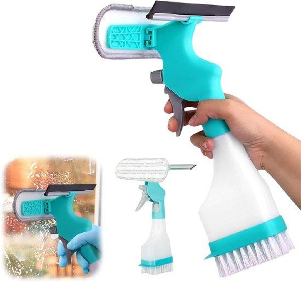 4-in-1 Glasreinigungssatz, 4-fach Glaswischer mit Handhebel, Sprüher, Baumwolltuch und Bürste, für Fenster, Badezimmer, Dusche, Spiegel