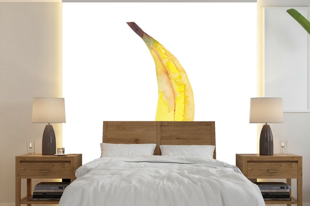 MuchoWow Fototapete für Wohnzimmer oder Schlafzimmer Wandtapete Vinyl Motivtapete Banane - Aquarell - Weiß - 280x280 cm - Hintergrundbild