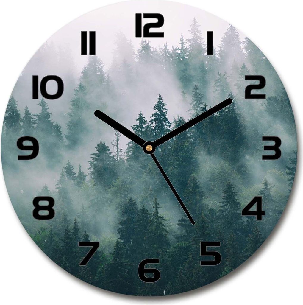 Wanduhr aus Glas 30fi Glasbild Glasuhr Gehärtetes Glas - schwarze-zeiger - Fog over the forest