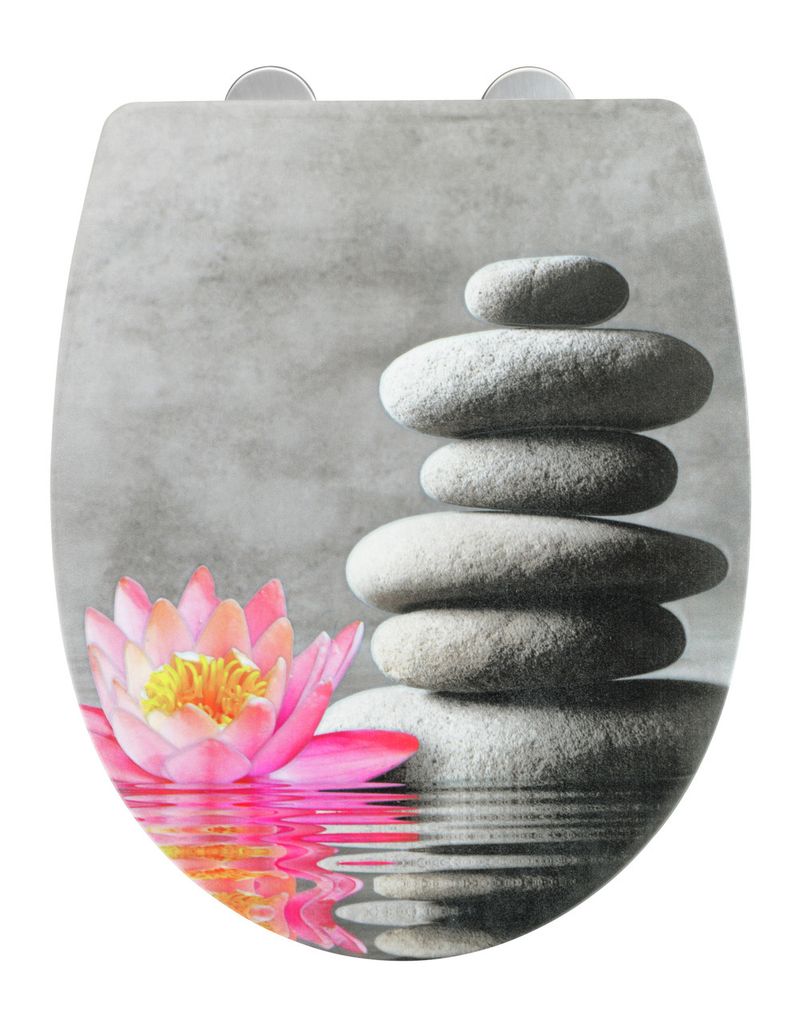 A toilet seat cover with a zen-like design featuring a stacked stone cairn and a pink water lily reflected in water.