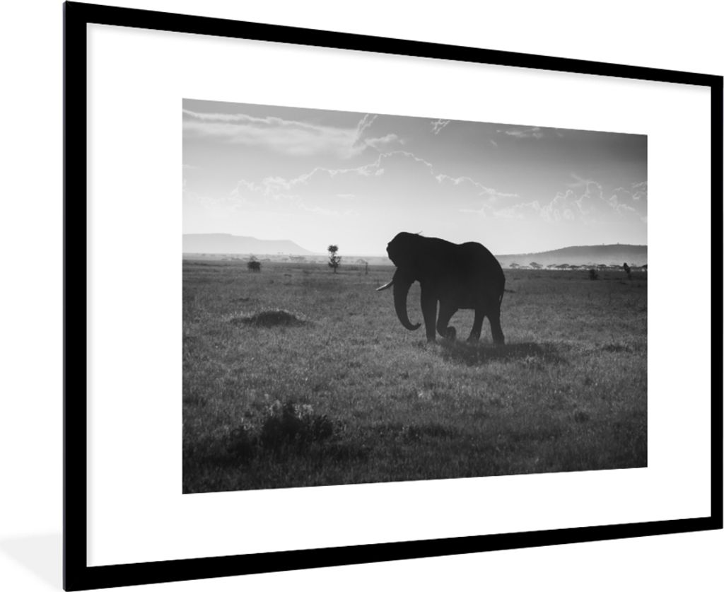 MuchoWow MuchoWow Gerahmtes Poster Elefant - Einfarbig - Tiere - Schwarz und weiß 90x60 cm - Poster mit zchwarzem Bilderrahmen - Wanddekoratio...