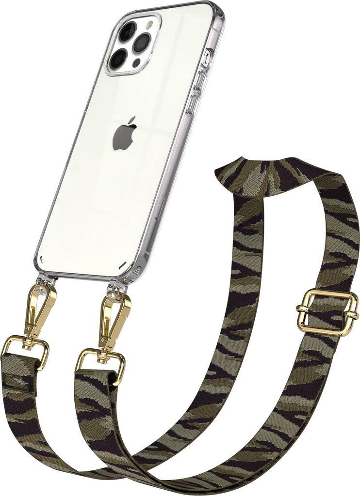 EAZY CASE Handykette - Verstellbarer Trageriemen kompatibel mit Apple iPhone 12 Pro Max, Handykordel mit transparenter Silikon-Hülle, Karabiner Go...