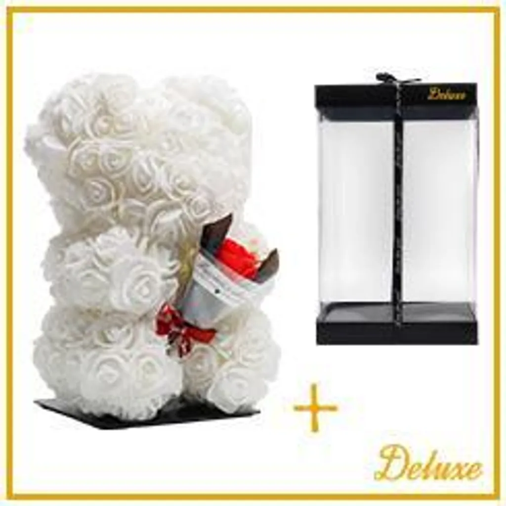 Cadeau de Saint-Valentin ours en mousse 25 cm blanc et fleurs de luxe