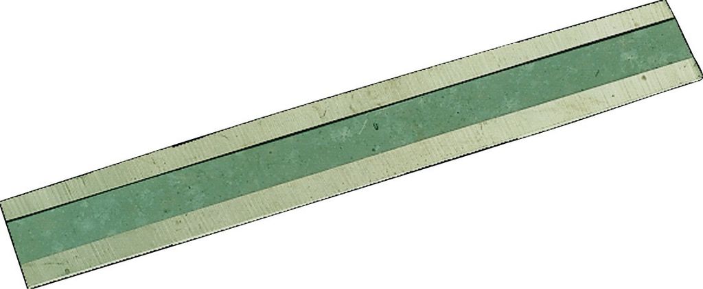 A long, thin metal blade with a green strip down the middle, presented on a white background.