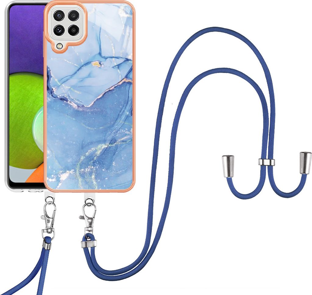 Galaxy A22 4G Handykette Hülle, Muster TPU Bumper Schutzhülle mit verstellbarem Tragegurt für Samsung Galaxy A22 4G Blau
