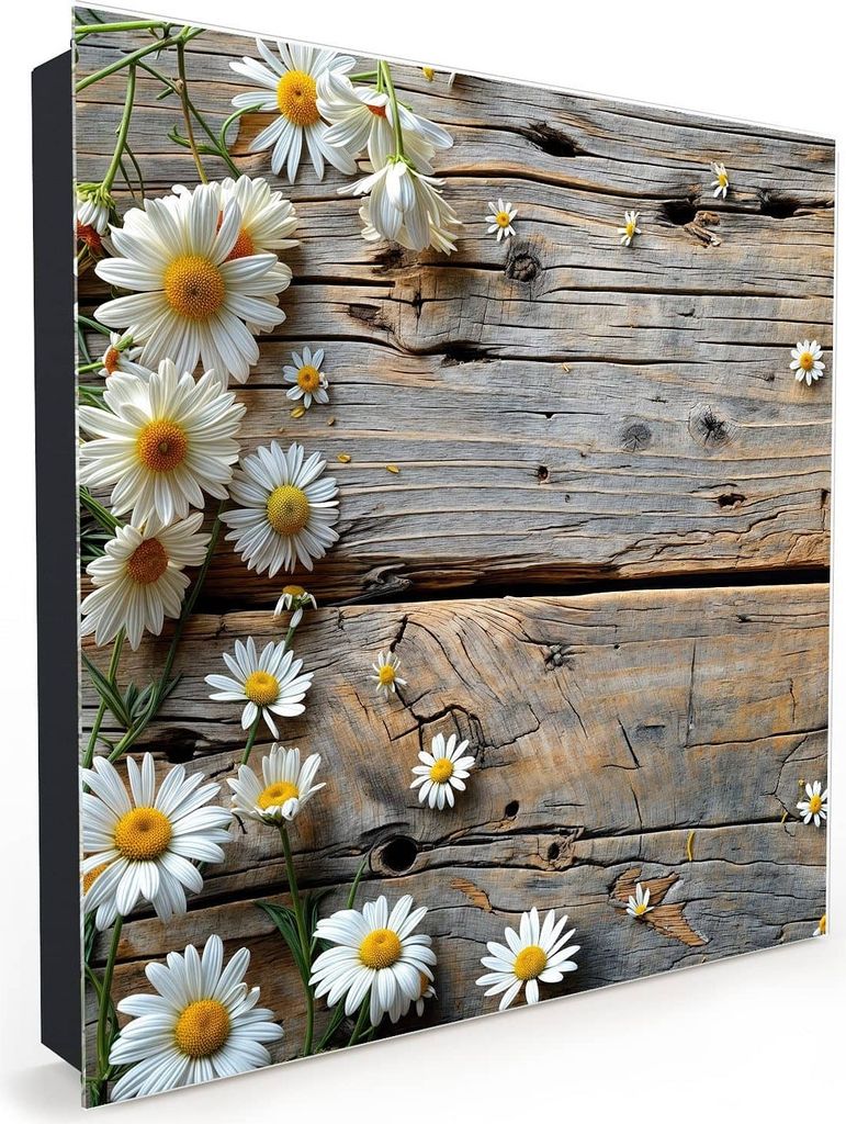 Nachbildung-Schlüsselkasten, Magnetpinnwand und Memoboard mit Glasfront Motiv Holz und Gänseblümchen