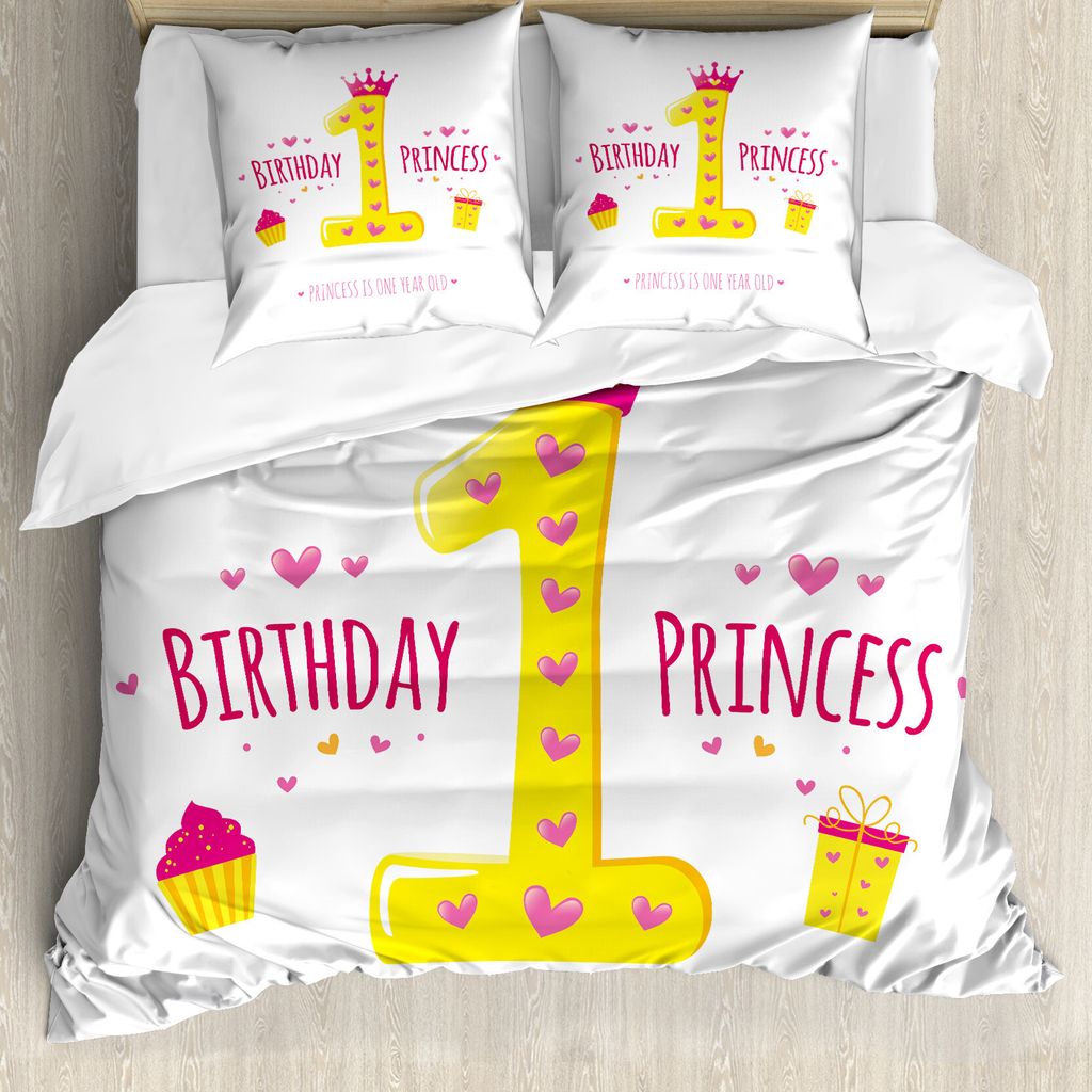 ABAKUHAUS 1. Geburtstag Bettbezug, Princess-Thema-Partei, Milbensicher Allergiker geeignet mit Kissenbezügen, 155 cm x 220 cm - 80 x 80 cm, Gelb u...