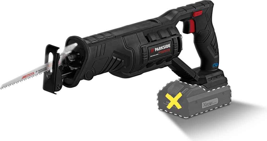 A black cordless reciprocating saw with a battery pack attached, shown against a white background.