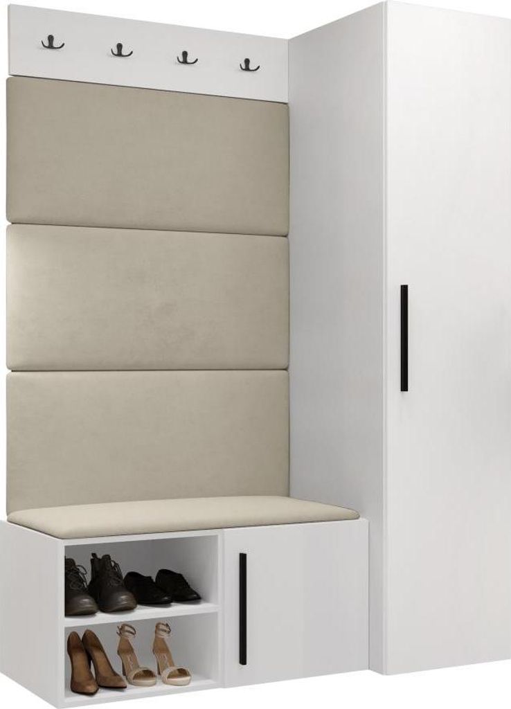 MIRJAN24 Garderoben-Set Medi II, Schuhschrank, Kleiderhakenbrett, 4x Paneel 84x42, 4 Kleiderhaken (Farbe: Weiß, Manila 02)