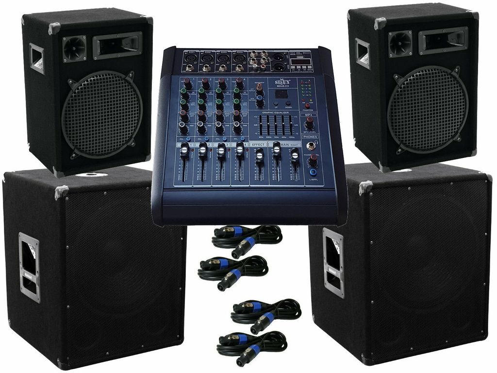 Das PA-SET 67 Powermixer Musik Anlage 3 Wege 30cm Boxen 38 cm Subwoofer 2900 Watt