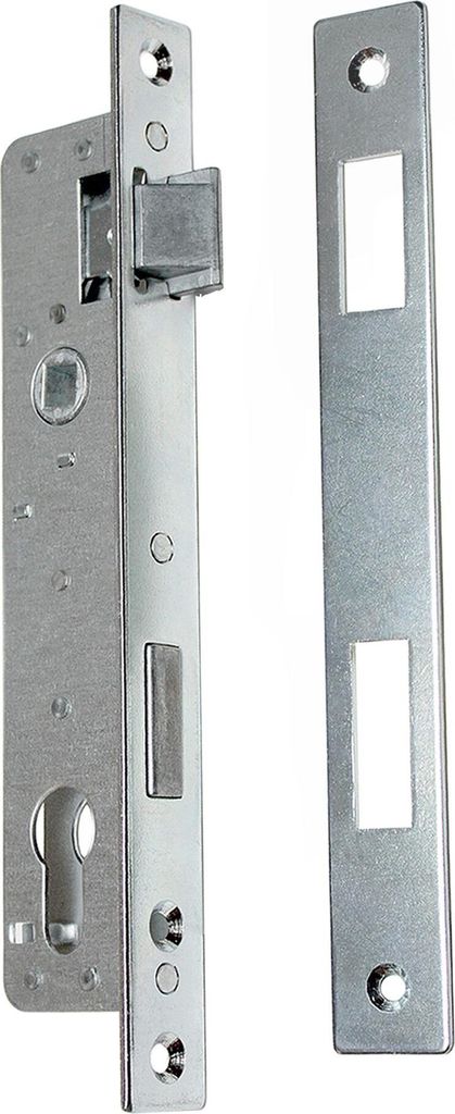 A metal door lock mechanism and its strike plate are shown against a white background.